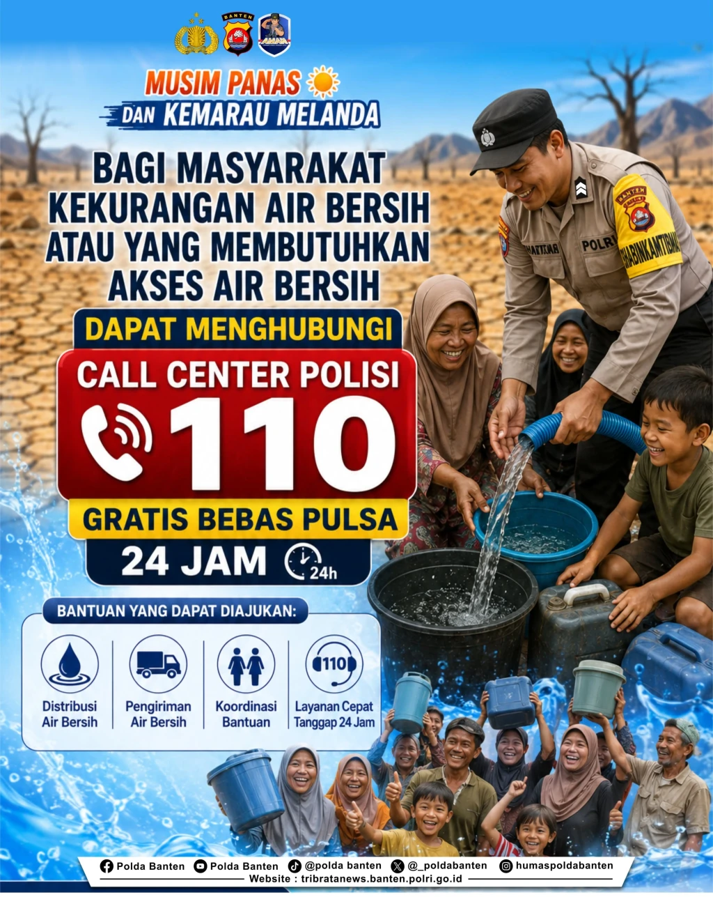 Polda Banten Hadir untuk Masyarakat, Layanan 110 Siap Salurkan Bantuan Air Bersih Selama Kemarau