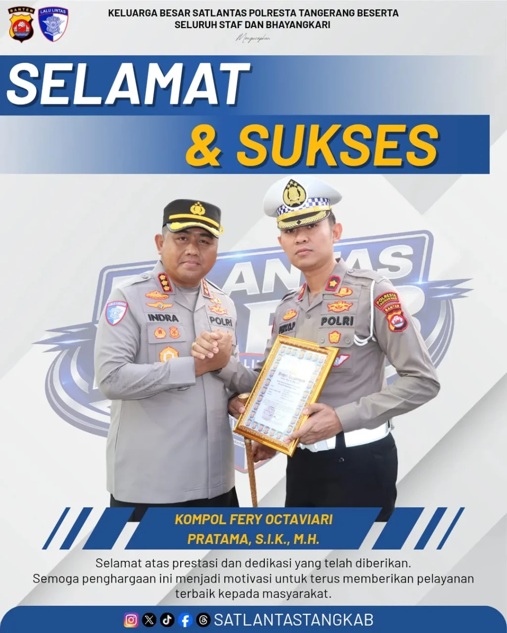 Kompol Fery Octaviari Pratama, Kasat Lantas Polresta Tangerang, Terima Penghargaan dari Kapolresta