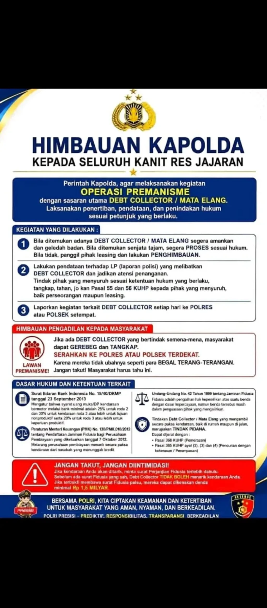 Kapolda Instruksikan Operasi Premanisme, Target Utama Debt Collector dan "Mata Elang"