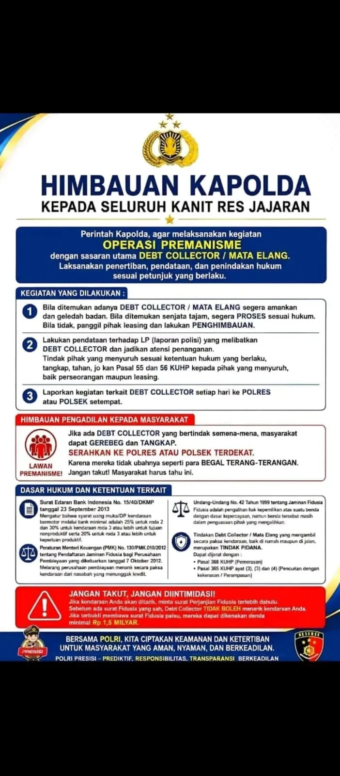 Kapolda Instruksikan Operasi Premanisme, Target Utama Debt Collector dan "Mata Elang"