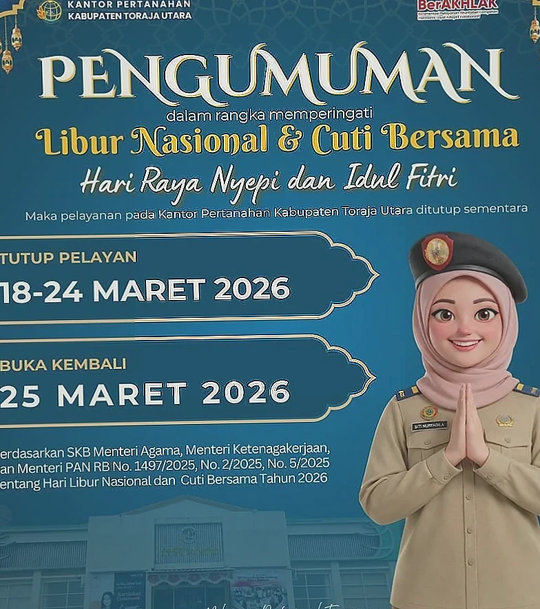 Kantor Pertanahan Toraja Utara Tutup Sementara untuk Libur Nyepi dan Idul Fitri