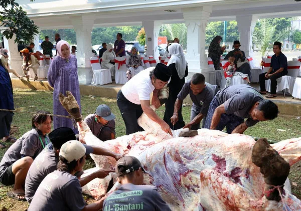 Pj Gubernur Banten Laksanakan Salat Iduladha dan Potong Hewan Kurban Bantuan Presiden di Masjid Raya Al Bantani