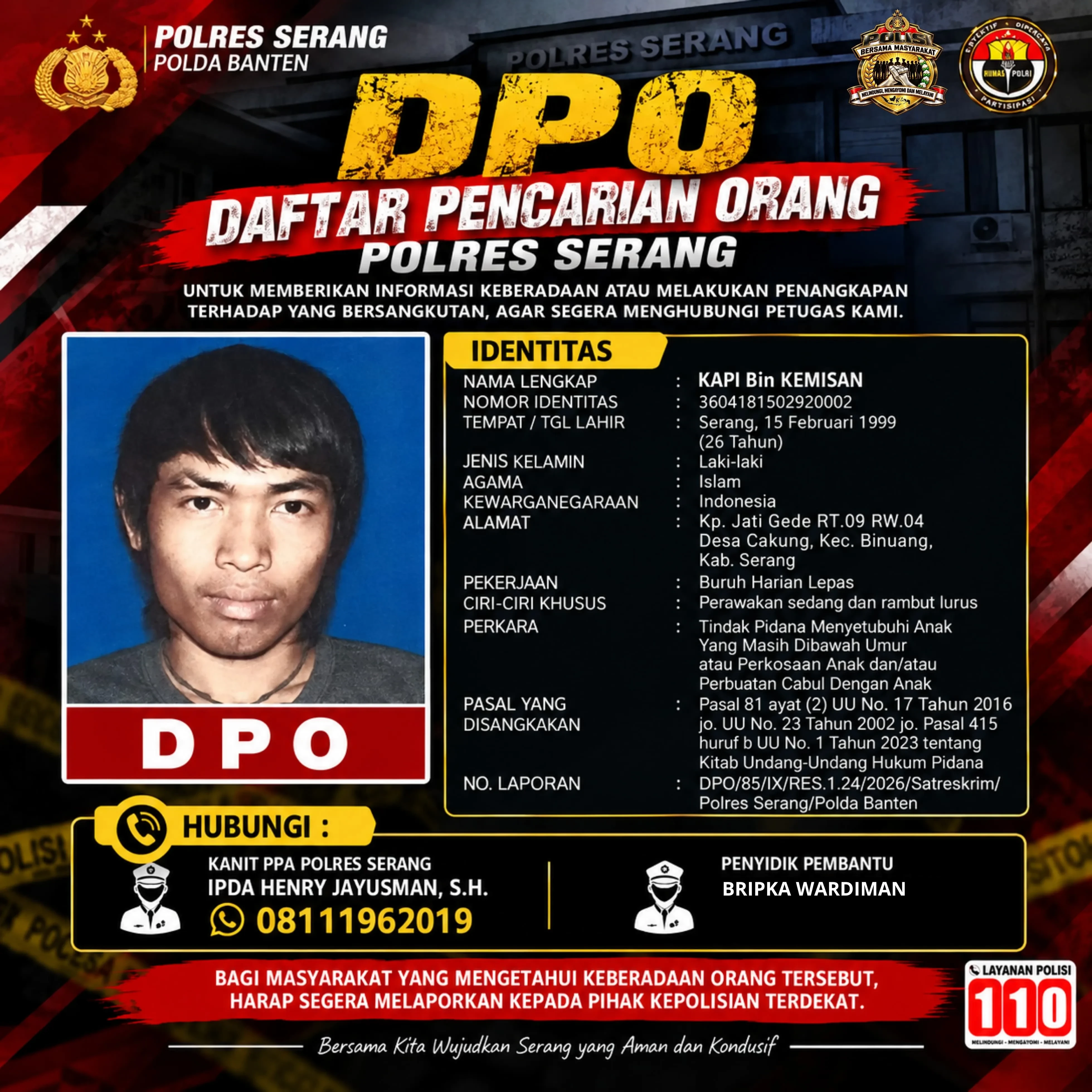 Kasus Dugaan Pemerkosaan di Binuang, Polres Serang Terbitkan DPO
