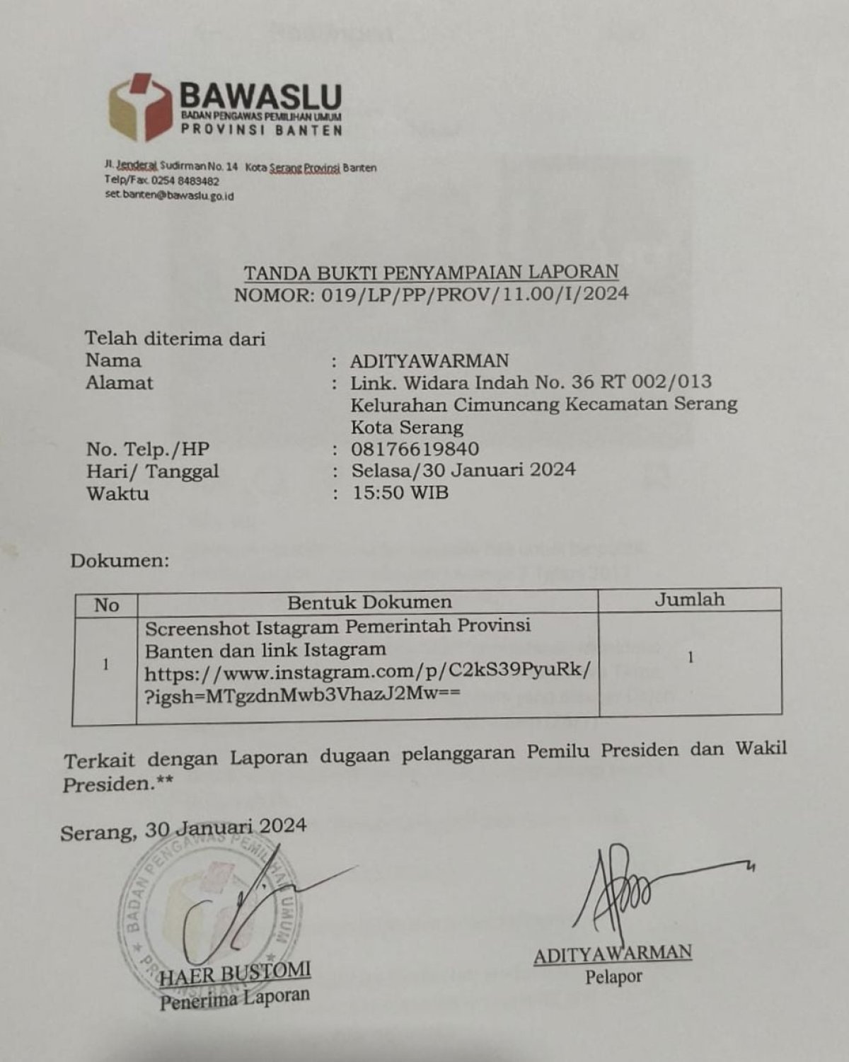 Adityawarman, Warga Serang, Mengajukan Laporan ke BAWASLU Banten tentang Dugaan Pelanggaran Netralitas ASN yang Dipostin...